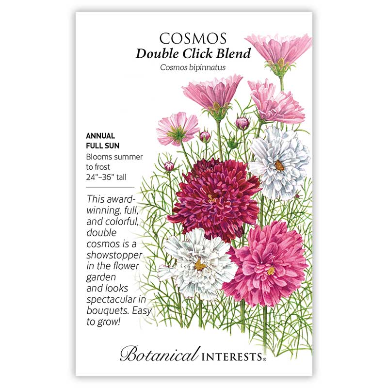 Cosmos Double Click Blend seed packet with colorful flowers and botanical information.