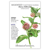Botanical Interests seed packet for Showy Milkweed, illustrated with star-like pink flower clusters and broad green leaves, labelled perennial, full sun, blooming summer at 24–72 inches tall, with native plant text noting nectar and habitat value for monarch butterfly caterpillars.