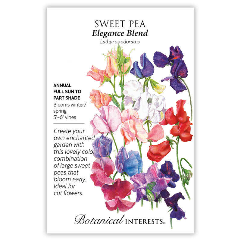 Botanical Interests seed packet for Sweet Pea Elegance Blend, illustrated with an array of ruffled blooms in peach, pink, white, red, blue, and purple, with printed text noting it's an annual for full sun to part shade, blooming winter/spring on 5'-6' vines, ideal for cut flowers.