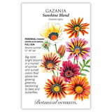 Gazania Sunshine Blend seed packet with colorful flowers and botanical information