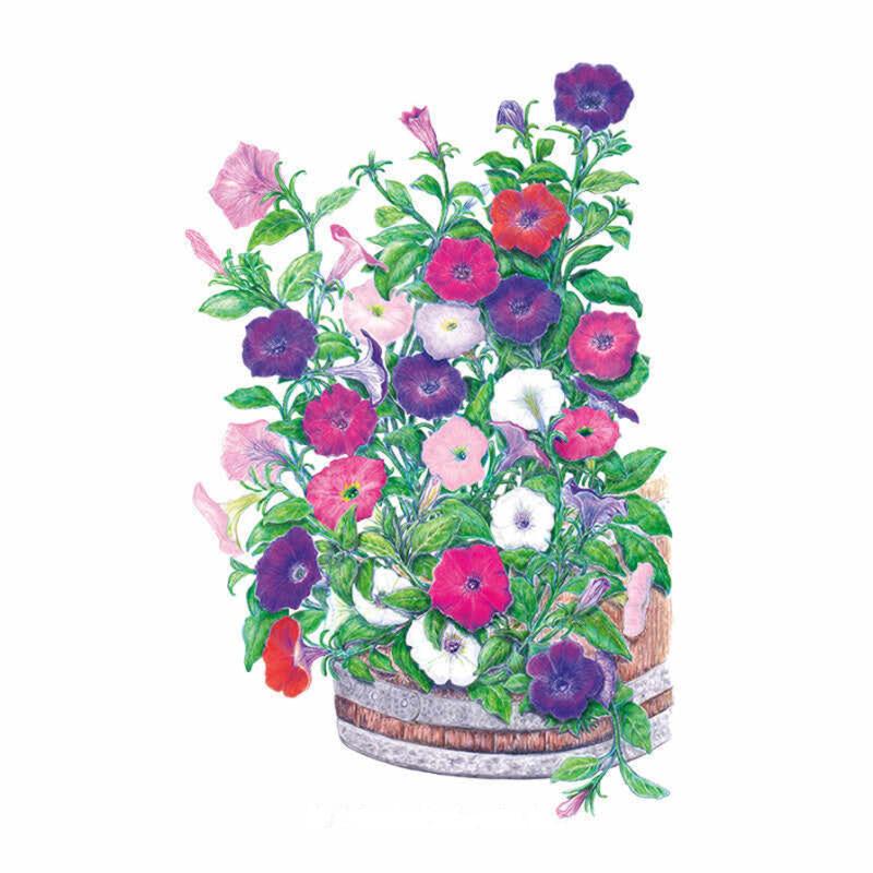 Illustration of Petite Charmer Blend petunias overflowing a wooden barrel planter, showing trumpet-shaped blooms in deep purple, magenta, pink, red and white amid trailing green foliage.