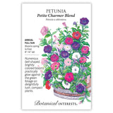 Seed packet for Petite Charmer Blend Petunia illustrating a barrel planter overflowing with bell-shaped blooms in purple, pink, red, and white, with text noting it's a full-sun annual growing 8–14 inches tall and blooming spring to frost.