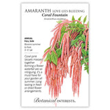 Botanical Interests seed packet for Coral Fountain Love-Lies-Bleeding Amaranth, illustrated with long cascading coral-pink tasseled flower spikes among green leaves, with text noting it's a full-sun annual growing 3–5 feet tall, blooming summer to frost.