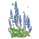 Botanical illustration of Violet Queen salvia showing tall spikes of blue-purple flowers rising from a mound of green foliage, with four bumblebees hovering around and feeding on the blooms.