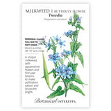 Seed packet for Tweedia milkweed featuring a botanical illustration of star-shaped aquamarine-blue flower clusters, a slender green seed pod, and pointed green leaves on vining stems, with text noting it's a tender perennial for full sun to part shade, blooming summer with semi-vining growth 28 inches to 10 feet.