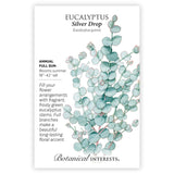Seed packet for Eucalyptus Silver Drop Seeds with growing information, plant description, and a botanical illustration of leafy silver drop eucalyptus stems.