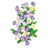 Illustrated cluster of viola blooms in purple, lavender, and white with yellow centres, surrounded by green leaves, arranged in a vertical spray against a plain white background.