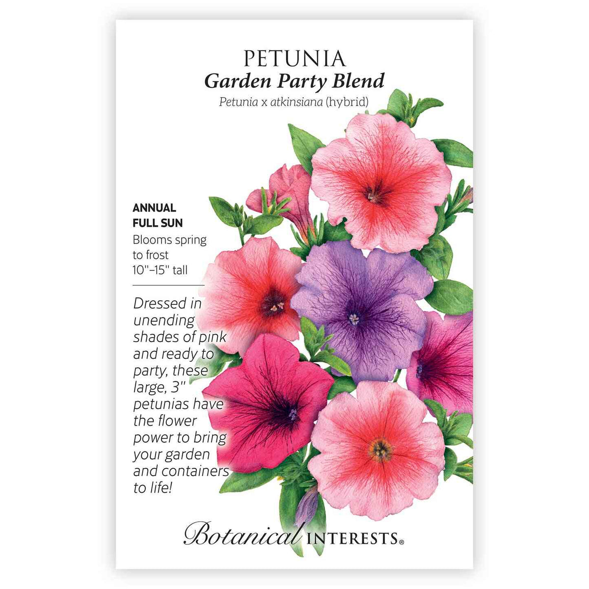 Seed packet for Garden Party Blend Petunia illustrating large trumpet-shaped blooms in pink, magenta, coral, and lavender with dark veined centers, alongside text noting it's a full-sun annual growing 10–15 inches tall and blooming spring to frost.