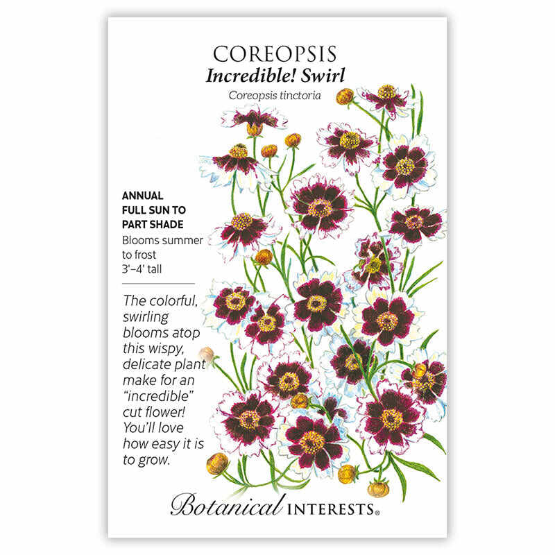 Seed packet for Incredible! Swirl Coreopsis featuring an illustration of maroon-and-white swirled daisy-like flowers with golden centers on wispy green stems, alongside text noting it's an annual for full sun to part shade, blooming summer to frost, growing 3'-4' tall.