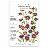 Seed packet for Incredible! Swirl Coreopsis featuring an illustration of maroon-and-white swirled daisy-like flowers with golden centers on wispy green stems, alongside text noting it's an annual for full sun to part shade, blooming summer to frost, growing 3'-4' tall.