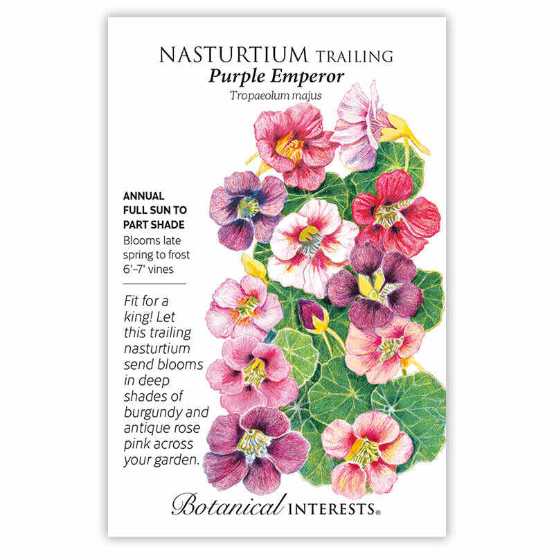Seed packet for Purple Emperor Trailing Nasturtium featuring an illustration of burgundy, antique rose pink, and cream blooms with rounded green leaves, alongside text noting it's an annual for full sun to part shade, blooming late spring to frost on 6-7 foot vines.