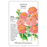 Seed packet for Señora Zinnia illustrating large, lush salmon-pink double blooms with yellow-tipped centers on tall green stems, with printed text noting it's a full-sun annual growing 32–40 inches tall, blooming summer to frost, with edible petals.
