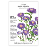 Botanical Interests seed packet for Bonita Top Blue Aster, illustrated with tall stems of fully double violet-blue pompon blooms with yellow centers, alongside text noting it's a full sun to part shade annual, 30–36 inches tall, blooming summer to frost, prized as long-lasting cut flowers.