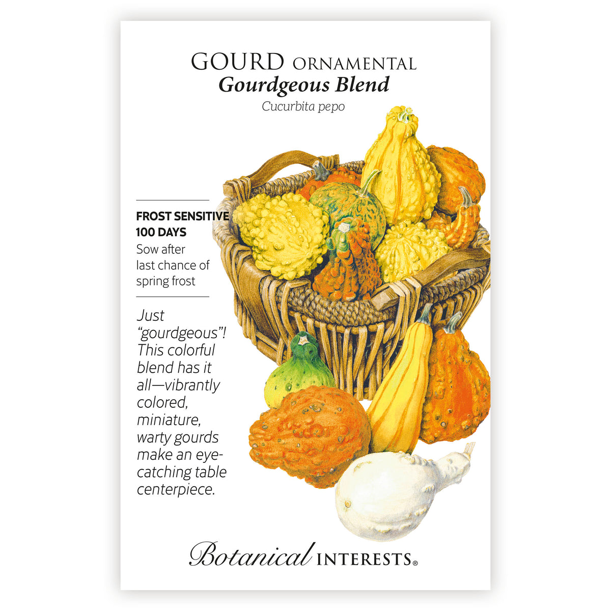 Gourdgeous Blend Gourd seed packet with a basket of gourds and botanical information