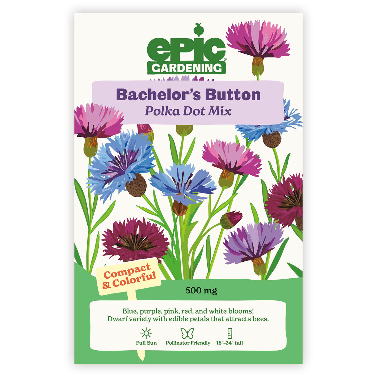 Epic Gardening Bachelor's Button Polka Dot Mix seed packet on a white background
