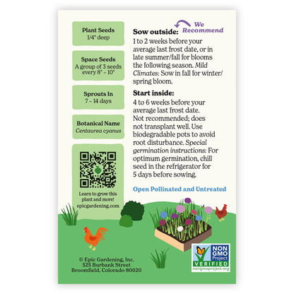 Back of an Epic Gardening Polka Dot Mix Bachelor's Button seed packet showing planting instructions, sowing guidelines, a QR code, and a garden bed illustration on a plain white background.