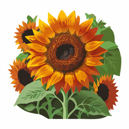 Detailed botanical illustration of warm orange, coppery brown, and mahogany Earthwalker Sunflowers with leafy green stems, isolated on a plain white background.