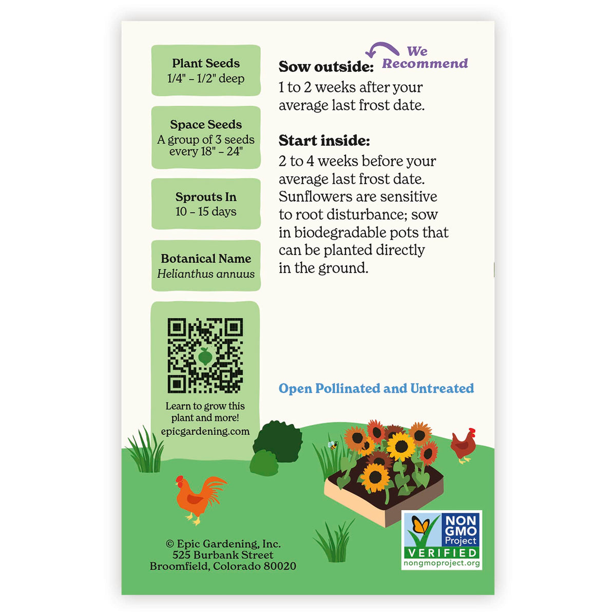 Back of an Epic Gardening Earthwalker Sunflower seed packet showing planting instructions, sowing guidelines, a QR code, and a garden bed illustration on a plain white background.