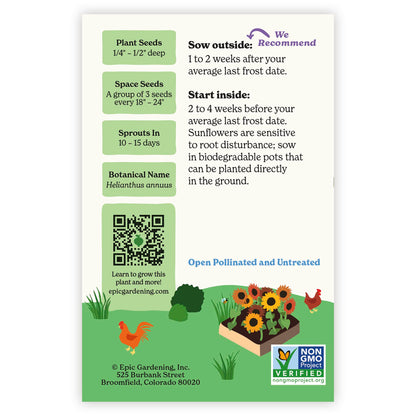 Back of an Epic Gardening Earthwalker Sunflower seed packet showing planting instructions, sowing guidelines, a QR code, and a garden bed illustration on a plain white background.