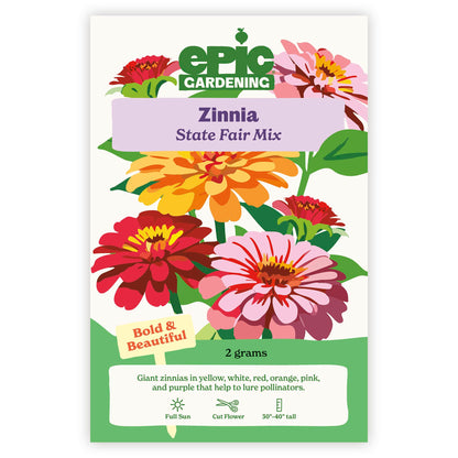An Epic Gardening State Fair Mix Zinnia seed packet featuring an illustration of vibrant yellow, orange, red, and pink zinnia flowers, a "Bold & Beautiful" callout, and 2 grams seed weight on a plain white background.