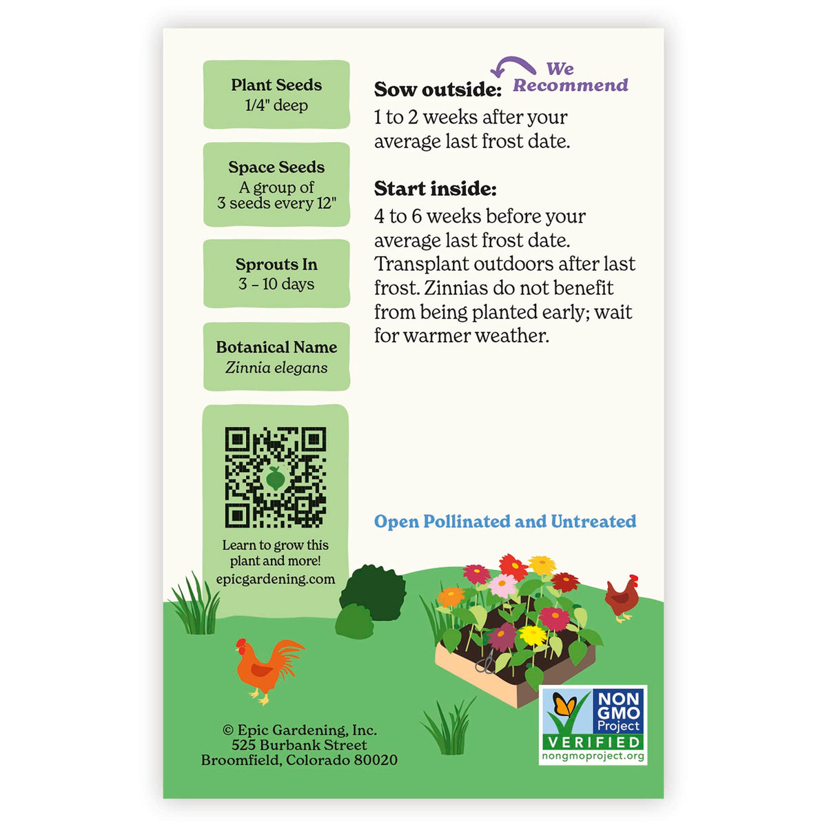 Back of an Epic Gardening State Fair Mix Zinnia seed packet showing planting instructions, sowing guidelines, a QR code, and a garden bed illustration on a plain white background.