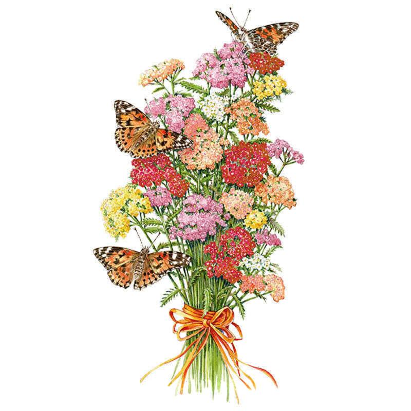 Illustrated bouquet of Colorado Blend yarrow, its clustered flat-topped flower heads in shades of red, pink, yellow, orange and white, tied with an orange ribbon and visited by three orange-and-black butterflies, on a white background.