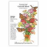 Seed packet for Colorado Blend Yarrow illustrating a bouquet of red, pink, yellow, orange and white clustered blooms tied with ribbon and visited by three painted lady butterflies, with printed text noting it's a full-sun perennial reaching 24 inches that blooms summer to frost.