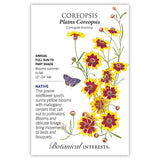 Plains coreopsis seed packet with Coreopsis illustration and botanical information on a white background