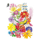 Botanical illustration of a colorful mix of wild and garden flowers with a yellow swallowtail butterfly and a dark butterfly resting on blooms against a white background.