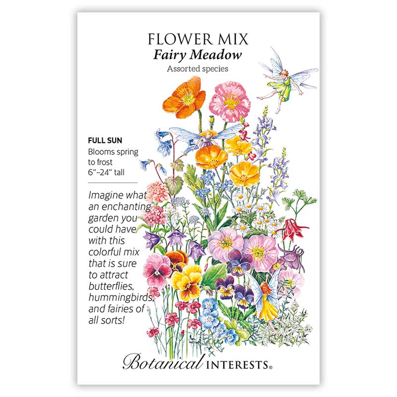 Front of a Botanical Interests seed packet for Fairy Meadow Flower Mix Seeds featuring product details and a botanical illustration of colorful wildflowers with small winged fairies floating above them.