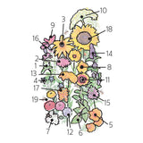 Numbered floral diagram mapping out the flower and herb arrangement for Save the Bees Flower Mix Seeds, including sweet basil, bergamot, black-eyed susan, borage, poppies, coreopsis, cosmos, sunflower, and zinnias.