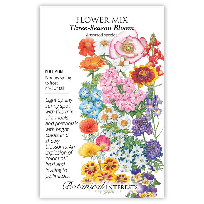 Front of a Botanical Interests seed packet for Three-Season Bloom Flower Mix Seeds featuring plant growing specifications and a colorful botanical illustration of mixed annual and perennial flowers.