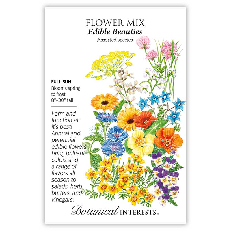 Front of a Botanical Interests seed packet for Edible Beauties Flower Mix Seeds featuring plant details and a colorful illustration of various edible flowers, including marigolds, nasturtiums, and bachelor's buttons.