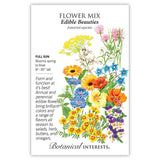 Front of a Botanical Interests seed packet for Edible Beauties Flower Mix Seeds featuring plant details and a colorful illustration of various edible flowers, including marigolds, nasturtiums, and bachelor's buttons.