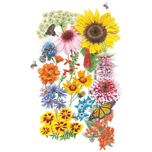 Botanical illustration of a colorful mix of pollinator-attracting flowers and herbs, including sunflowers, purple coneflowers, zinnias, milkweed, and borage, visited by butterflies and bees, for Precious Pollinators Flower Mix Seeds.