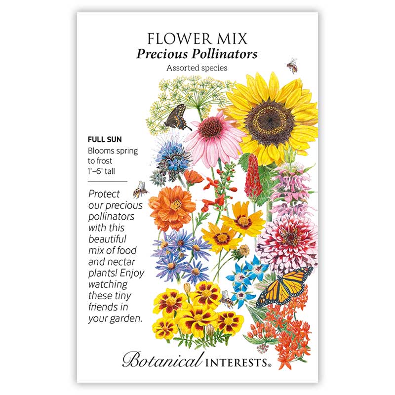 Front of a Botanical Interests seed packet for Precious Pollinators Flower Mix Seeds featuring plant growing details and a colorful illustration of various flowers and herbs visited by bees and butterflies.
