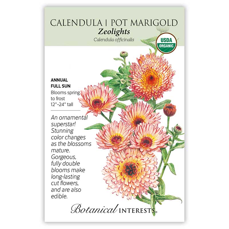 Seed packet for Zeolights pot marigold (Calendula officinalis) featuring an illustration of fully double, salmon-pink and orange blooms with dark centers on green stems, with a USDA Organic seal and text noting it's a full-sun annual blooming spring to frost, 12–24 inches tall, with edible cut flowers that change color as they mature.