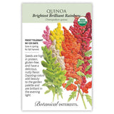 Seed packet for Brightest Brilliant Rainbow Quinoa featuring an illustration of dense, feathery seed clusters in pink, yellow, cream, orange, and deep red, with USDA Organic badge and text noting frost tolerance, 90-120 day maturity, and high-protein, gluten-free seeds.