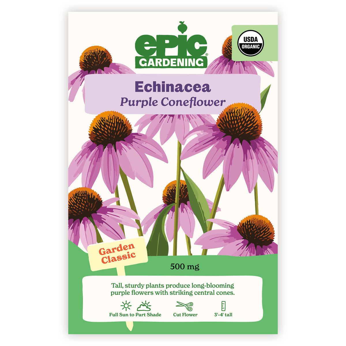 Epic Gardening Echinacea Purple Coneflower seed packet on a white background