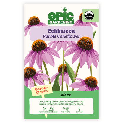 Epic Gardening Echinacea Purple Coneflower seed packet on a white background