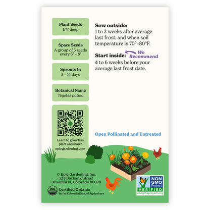 Sparky Marigold seed packet with plant care instructions, growing instructions, and and epic gardening branding information.