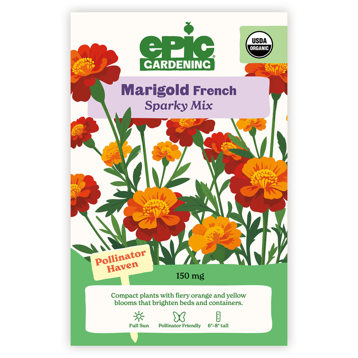 Epic Gardening Marigold French Sparky Mix seed packet on a white background