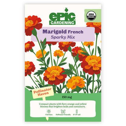 Epic Gardening Marigold French Sparky Mix seed packet on a white background