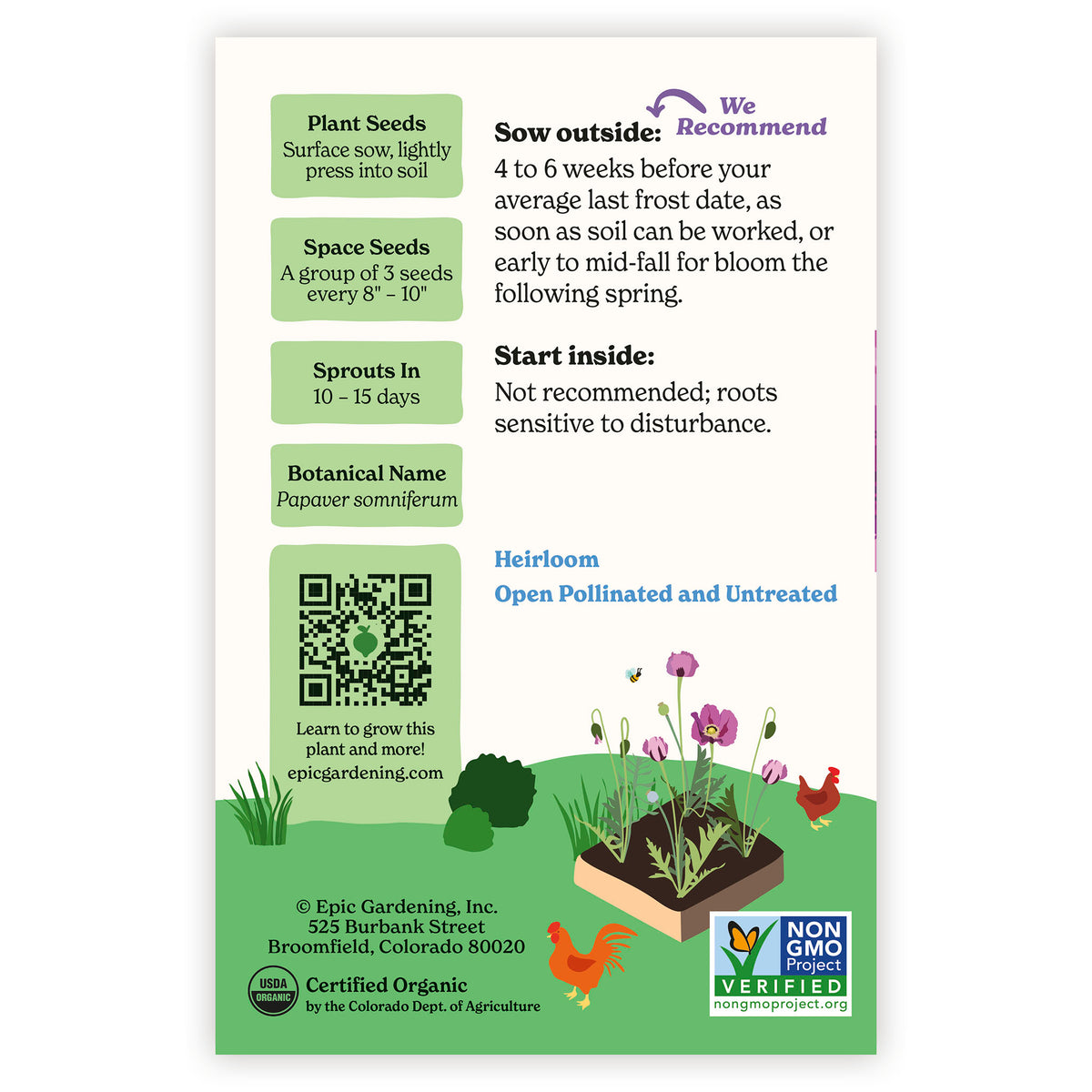 Seed packet of Poppy Bread Seed Hungarian with gardening instructions and plant information on a white background