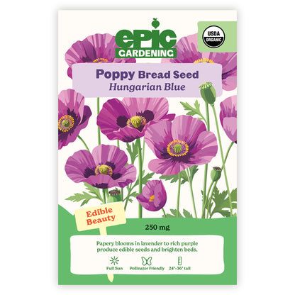 Epic Gardening Poppy Bread Seed package with purple flowers on a white background