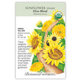 Botanical Interests USDA Organic seed packet for Elves Blend Dwarf Sunflower, illustrated with a cluster of yellow blooms in varied forms, noting it's an annual for full sun growing 16–24 inches tall with blooms from summer to frost, ideal for containers and small gardens.