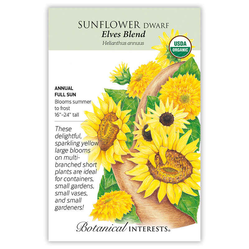 Botanical Interests USDA Organic seed packet for Elves Blend Dwarf Sunflower, illustrated with a cluster of yellow blooms in varied forms, noting it's an annual for full sun growing 16–24 inches tall with blooms from summer to frost, ideal for containers and small gardens.