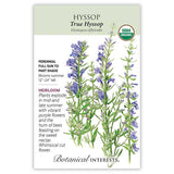 Seed packet for organic True Hyssop featuring a botanical illustration of tall spiky stems with purple-blue tubular flowers and narrow green leaves, alongside text noting it's a perennial for full sun to part shade, blooming summer at 12–24 inches tall.