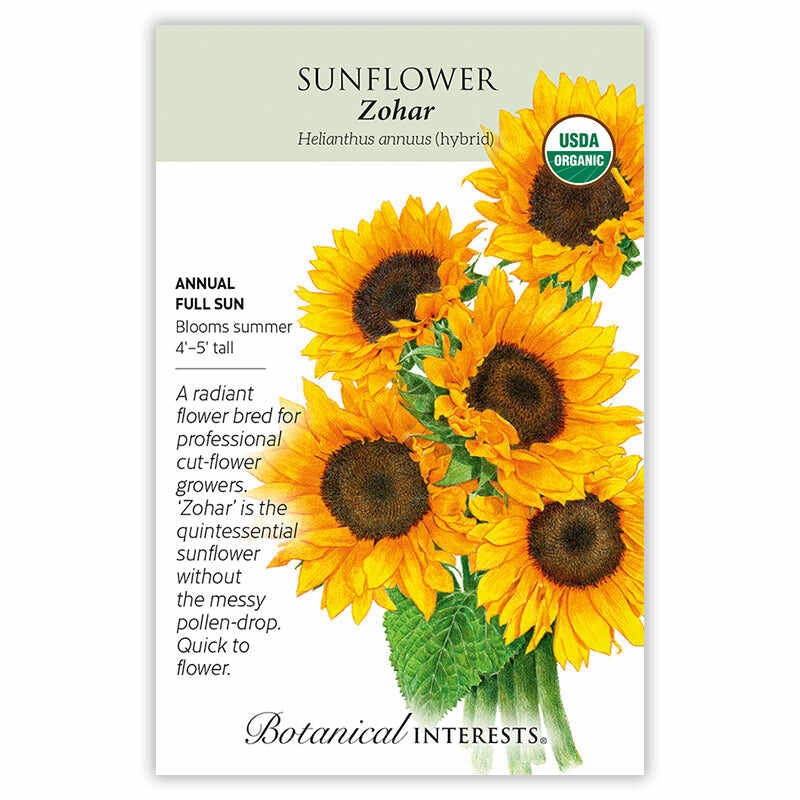 Sunflower Zohar seed packet with botanical information and images of sunflowers and Botanical Interests branding, with USDA organic label