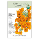 Seed packet for organic Orange California Poppy (Eschscholzia californica), featuring an illustration of feathery blue-green foliage topped with cup-shaped orange blooms, with text noting it's a native tender perennial grown as an annual, full sun, blooming spring to frost, reaching 6–12 inches tall.